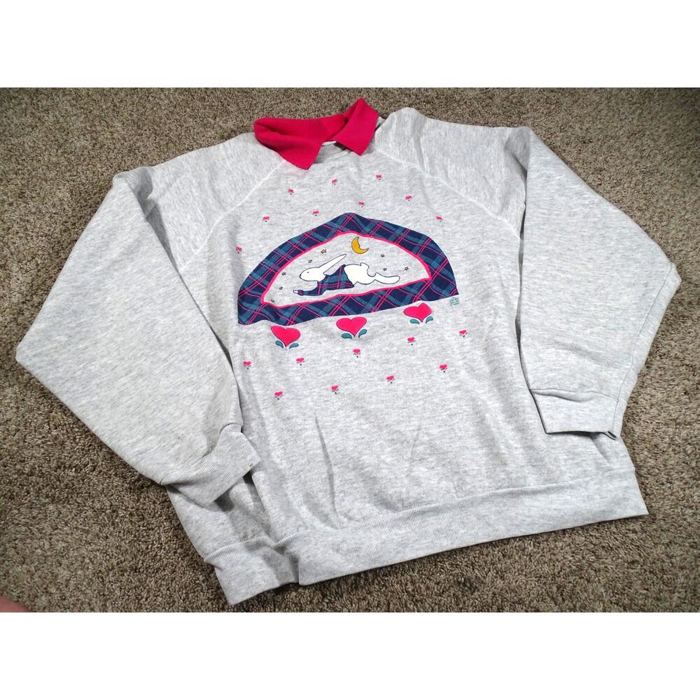 LSJ Sportswear Vintage 90s Bunny Collared Sweatshirt Grandmacore Gray XL